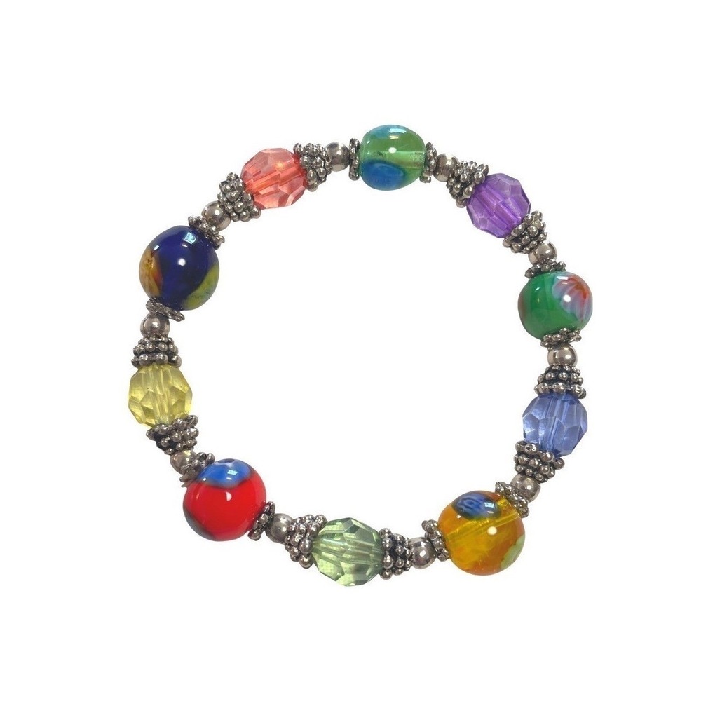Beaded Stretch Bracelet One Size Multicolor Glass Lampwork Boho Style